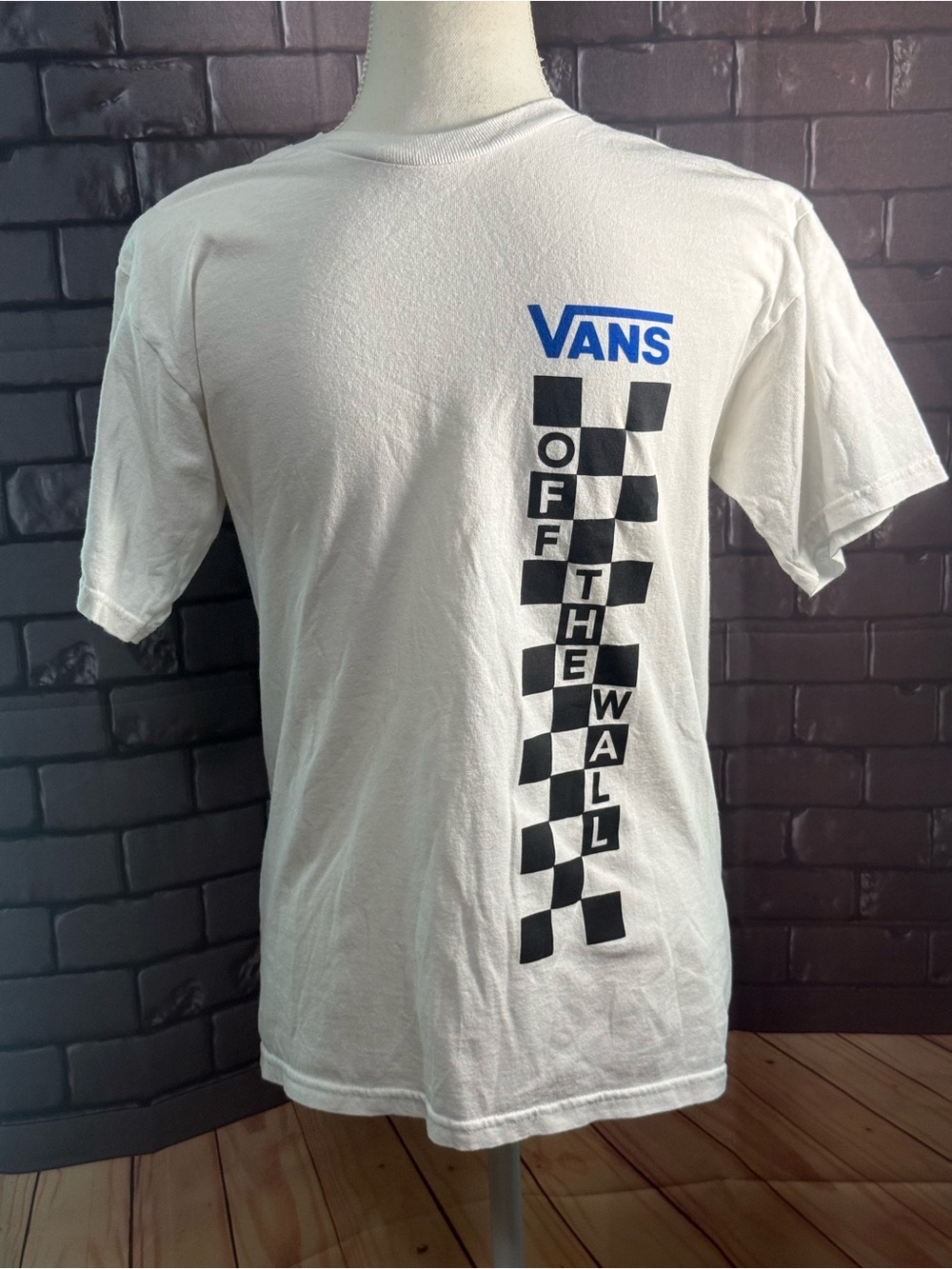 Vans White Short Sleeve Tee with Blue Logo and Black Checkerboard